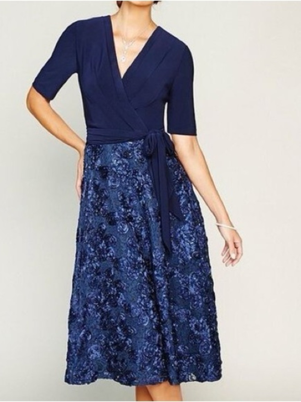 Alex Evenings Navy Faux-Wrap Midi Dress with Textured Skirt